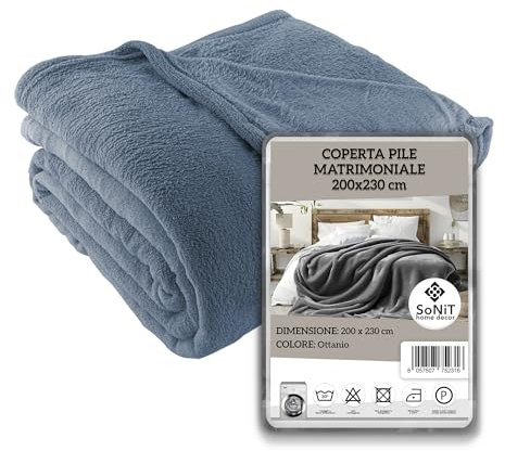 SONIT - Plaid Matrimoniale in Pile - Coperta in Pile Autunnale e Invernale - Coperta Matrimoniale 200x230 cm - Plaid Divano e Letto Ottanio