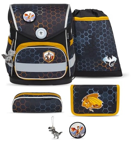 Belmil Compact mit Patches Schulranzen Set 5-teilig mit Brustgurt (405-41/AG/B/S) (Dragon)