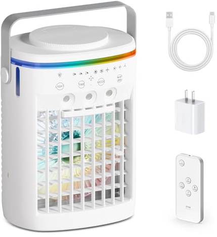 JOUJBAIL Portable Air Conditioner,Cooling Fan with 3 Speeds &3 Modes,2-8H Timer,1000ml Water Tank, Remote Control,4 in 1 Humidifier, Air Conditioner,Fan,Night Light,Evaporative Air Cooler for Home