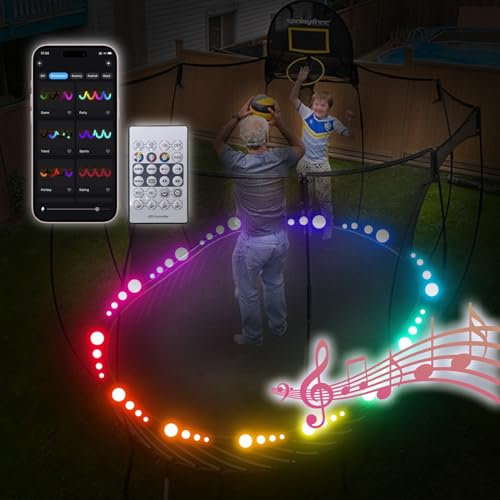 Neisouf DIY Trampolin LED Licht 15m, Farbwechsel beim Springen, mit App und Fernbedienung, passend für Trampoline mit 183/244/305/366/427 cm Breite (RGB+IC, 15M)