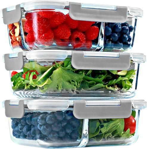 MINIMARG Lot de 3 récipients en verre à 1, 2 et 3 compartiments – Contrôle des portions, stockage des aliments pour le déjeuner, couvercles hermétiques, passent au four et au congélateur, étanches