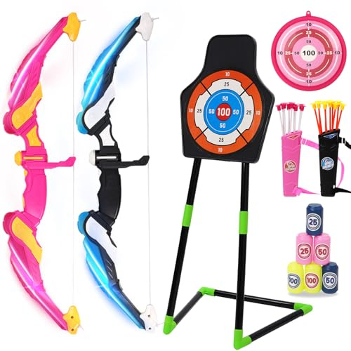 Ark miido 2 Pack Bow and Arrow Set for Kids, Archery Set with 20 Suction Cup Arrows, 1 Standing Target, 1 Hanging Target, 6 Score Targets & 2 Quivers, Indoor Outdoor Sport Gifts for Boys Girls