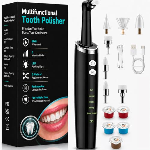 Electric Tooth Polisher, Plaque Remover for Teeth, Tooth Stain Tartar Remover, Teeth Cleaner, Dental Cleaning Kit for Tooth Whitening, 5 Modes, Rechargeable & LED Light (Black)