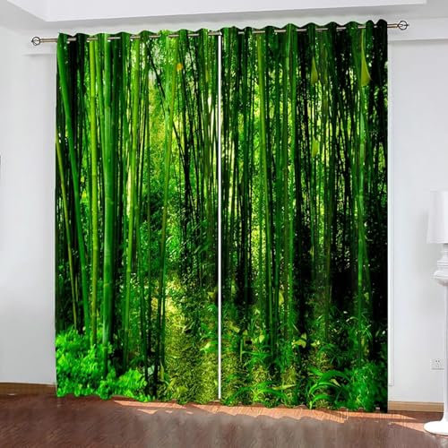 Beydodo Gardinen Blickdicht mit Ösen 2er Set, Verdunklungsvorhänge 132x244CM Grün Bambuswald Vorhänge Kinderzimmer Schlafzimmer Wohnzimmer