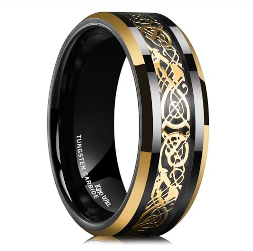 King Will Tungsten Ring for Men Celtic Dragon Rings Black Gold Plated Wedding Band 8mm Width Mens Jewelry Size U 1/2 (10.5)