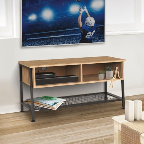 Barkan TV-Schrank, Lowboard für Fernseher, 100cm lang, Fernsehtisch mit Breites Metallregal, 2 offenen Fächern, 40 x 100 x 50 cm, Wohnzimmer, Stahlgestell, für Fernseher 32, 43, 55, 65, 75, 80 Zoll