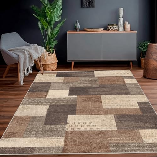 Calinline Moderne Geometrische Patchwork Indoor Wohnzimmer Teppich, Beige 200x230 cm Große Teppiche Rockwood Sammlung Böden Dekor für Schlafzimmer, Beige Weich Kurzflor Waschbar Teppich Gegend