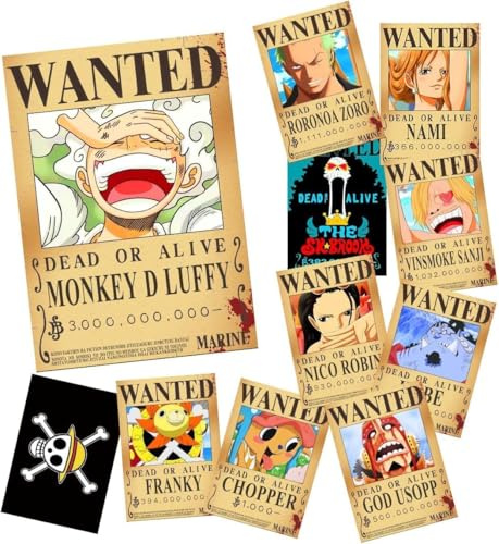 CBKSUHBADE 15in×11in Anime One Piece Wanted Bounty Posters, New Edition, 10 Straw Hat Pirates Crew Zoro, Sanji, Luffy, a Set of 11PCS