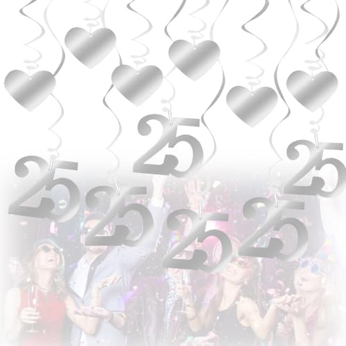 18 Stück Deko Silberhochzeit, Silberhochzeit Deko Girlanden,Silber Wirbel Dekorationen,Silberhochzeit Girlande,6X Herz Spirale + 6X Zahl 25 Aufhängung für Geburtstag,Hochzeit,Jubiläum Oder Partydeko
