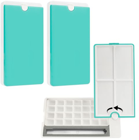 LELE LIFE Lot de 2 palettes d'aquarelle avec couvercle rotatif à 360°, 28 puits, plateau vide avec 4 zones de mélange et support de pinceau pour aquarelle gouache, bleu