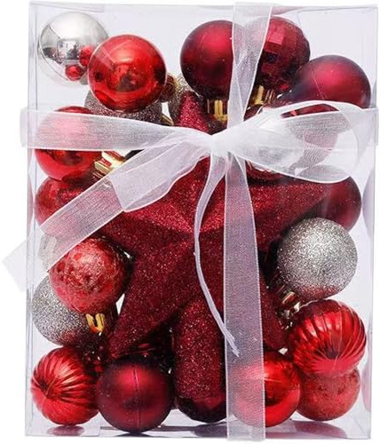 TenaLucy 30 Pezzi Palline di Natale con Filo d'oro da 10M, Palline Albero di Natale Set con Stella di Cima d'albero, Palle Natalizie per Decorazioni Albero di Natalizie e Feste(Rosso & Oro)