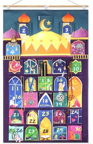DPKOW Kreativ Moschee Ramadan Kalender zum Befüllen Selber 30 Ramadan Adventskalender DIY Säckchen Groß Wandteppich Befüllbar, Personalisierter Selber Machen Ramadankalender, Wiederverwendbar