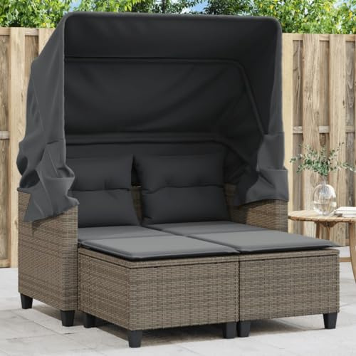 Frdhee Gartensofa, Lounge Sofa, Loungesofa, Gartengarnitur, Gartensofa 2-Sitzer mit Dach und Hockern Grau Poly Rattan Für Poolbereich Hausgarten Gartenrestaurant