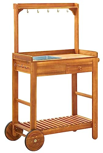 Hoopleep Solid Acacia Wood Garden Kitchen Trolley with Removable Zinc Tray, Outdoor Indoor Serving Bar Cart on Wheels, Storage Shelf & 9 Hooks, 92x43.5x141.5 cm