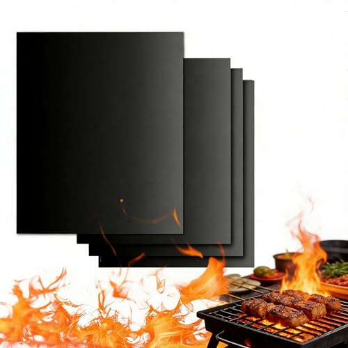 BBQ Grillmatte für Gasgrill | 4er Set Grillmatten Teflon Grillplatte | Antihaft Grill Matte Backmatte (40 * 33CM), Wiederverwendbar Grill Matten für Gasgrill, Verbesserter Backpapier PFOA-Fre
