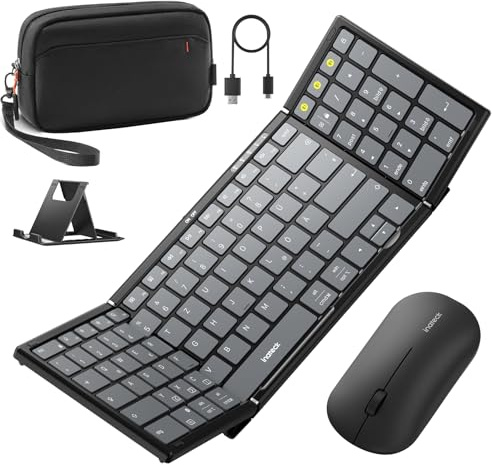 Inateck Faltbare Bluetooth 5.3 tragbare Tastatur und Tri-Mode-Maus-Set mit Numpad, verstellbarem Ständer, Tragetasche, kompatibel mit Tablets, Handys, Laptops, PCs (Windows/iOS/Android)