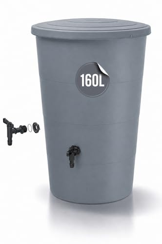 Tymar Serbatoio per acqua piovana grigio, cisterna 200L, con rubinetto, serbatoio per acqua piovana per giardino e balcone, cisterna per acqua piovana Ø60x107cm_IDSM