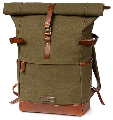 DRAKENSBERG Rolltop Rucksack 'Wyatt' aus Canvas und Leder mit Laptopfach - Vintage-Utility-Design für Damen, Herren, 20-30L - Oliv-Grün, DR00106