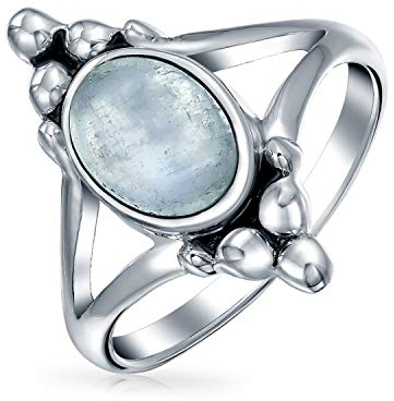 Boho Bali Stil Oval Erklärung Regenbogen Edelstein Mondstein Ring Für Teenager Split Shank Band Oxidiert .925 Sterling Silber