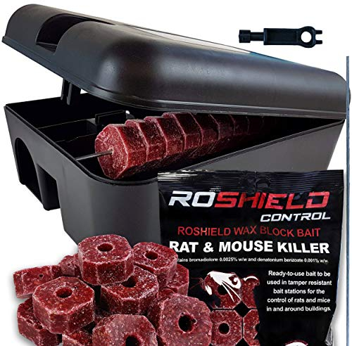 Roshield External Tamper Proof Rodent Bait Box & Wax Block Rat Poison Kit - Garden & Home Treatment Killer Safety Kit (1 Box & 300g Blocks)