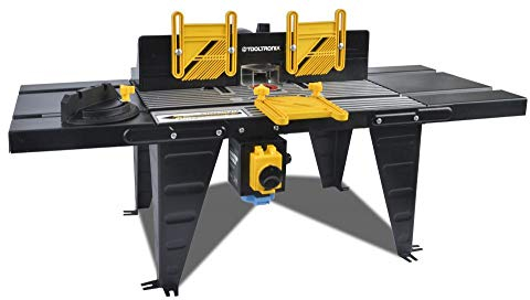 ToolTronix 1800W Bench Mounted Electric Router Table Aluminium Surface 460mm x 335mm, NVR No Volt Release Switch, Three Feather Boards, Extension Tables