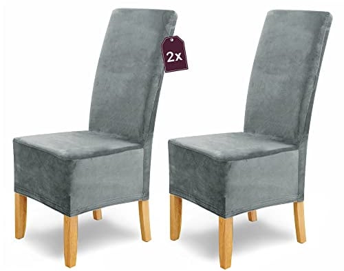 Scheffler Home Stuhlhussen Puma Velano Grau 2er Set – Elastische waschbare Stuhlbezüge aus Samt für Esszimmerstühle und Polsterstühle – Edler Chenille Stuhlüberzug