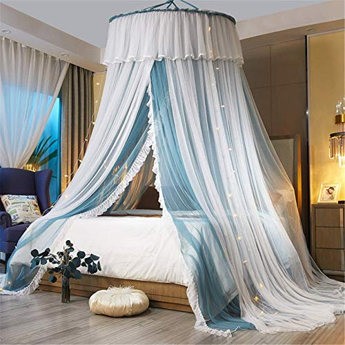 Fengflaw 2 Strati Zanzariera Baldacchino con Accendere Stelle Cupola Tenda Pizzo Rotondo Universale Soffitto Principessa Letto a baldacchino Copriletto Tulle Maglia Zanzariera Tenda appesa,Blu