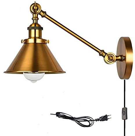 FREEDL Verstellbare Gold Wandlampe Innen Vintage mit Schalter, Klassisch Industrial Wandleuchte Langer Arm mit Stecker, Retro Wandbeleuchtung Schlafzimmer, Antik Wandlampen Bettleuchte Flur Art Deco,A