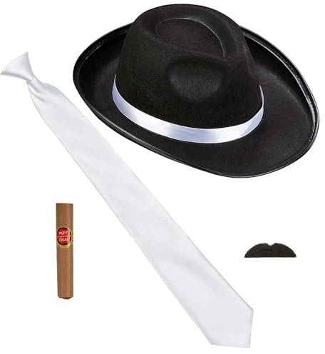 W WIDMANN MILANO Party Fashion - Kostüm-Set Die Wilden 20er, 4-teilig, Hut, Krawatte, Schnurrbart und Zigarre, Charleston, Gangster, Mafia-Boss, Accessoires
