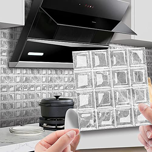 30pcs Wall Tile Stickers, Hiser Square Retro Marble Mosaic Style Waterproof Decals Sticker for Kitchen Living Room Bathroom Home Floor DIY Decor Self-Adhesive (grey,15x15cm)