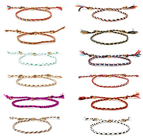 TENGS 12 Pieces Handmade Gold Bead Braided Bracelets, Friendship Bracelets for Girls, Adjustable String Bracelets, Colorful Wristband Jewelry as Girls’ Birthday Party Gifts