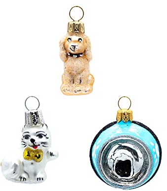 Oberfränkische Glas Weihnachtsbaumschmuck, Hund & Katze Mini 3-er Set 4x4cm
