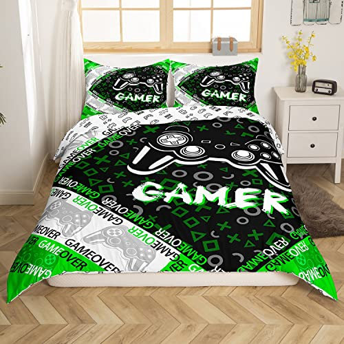 Gaming Bettwäsche Jungs 155x220cm Videospiele Spieler Bettbezug Set Kinder Jungen Bettwäsche Set Grün und Schwarz Spielen Gamepad Betten Set Stilvolles geometrisches Design mit 1 Kissenbezug 80x80cm