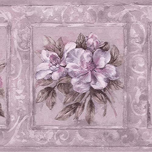 Dundee Deco DDAZBD9516 Peel and Stick Wallpaper Border - Abstract Pink Purple Flowers in Squares Wall Border Retro Design, 15 ft x 7 in (4.57m x 17.78cm), Self Adhesive