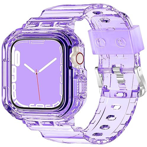 XYF Compatible for Crystal Clear Apple Watch Bands, 41mm 40mm 38mm Bumper Case for Men Women Jelly Sport Cover Strap for iWatch Ultra 2/1 Series 10 9 8 7 SE 6 5 4 3 2 1 (ClearPurple, 38/40/41)