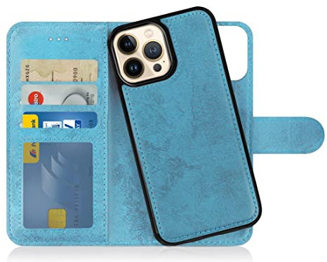 MyGadget Funda para iPhone 14 Pro MAX - Flip Case Libro con Tapa Magnética - Cover Cartera con Soporte - Carcasa Separable con Cierre - Azul Claro