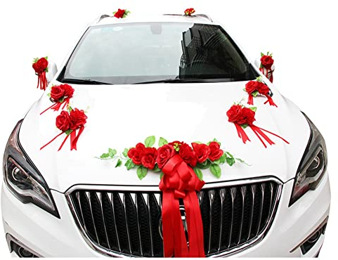 Uposao Autoschmuck Hochzeit, Braut Paar Rose Deko Dekoration Brautwagen Girlande Dekoration Auto Blumenschmuck Car Wedding Girlande Ratan Motorhaube Hochzeitsauto Romantische Atmosphäre Hochzeitsdeko