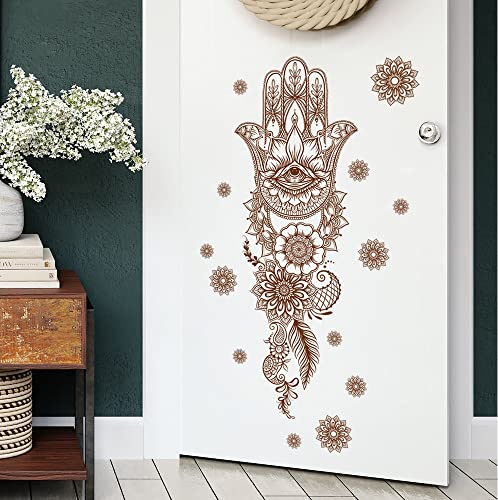 WandSticker4U®- Wandtattoo FATIMA HAND Braun groß (60x92 cm) I Wandsticker Boho Blumen orientalisch Hamsa Auge Islam Mandala I Wand Aufkleber Wohnzimmer Schlafzimmer Küche Flur Deko