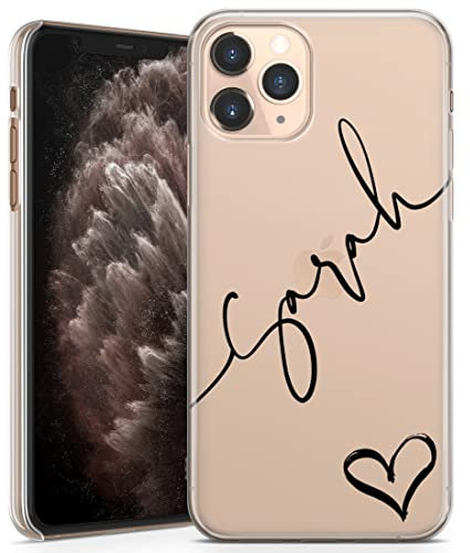 Personalised Phone Case for iPhone 14 Plus - Clear Hard Plastic Custom Cover Transparent Heart Design Individual Style Text - Black Diagonal Name