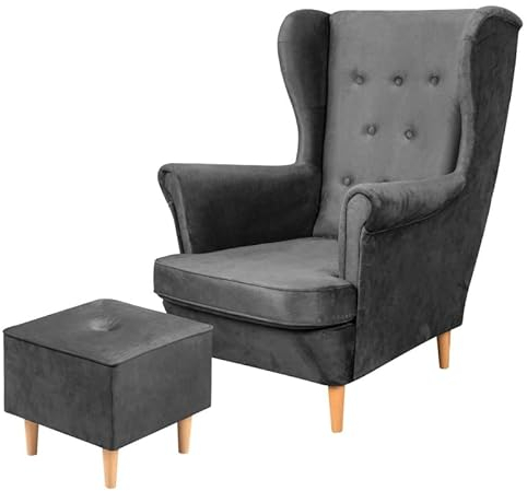 Bonni Floki Ohrensessel + Fußhocker im skandinavischen Stil. Fernsehsessel Lehnstühl Sessel Polstersessel Relaxsessel Bequemer Loungesessel auf hohen Beinen mit Pouf (Graphit)