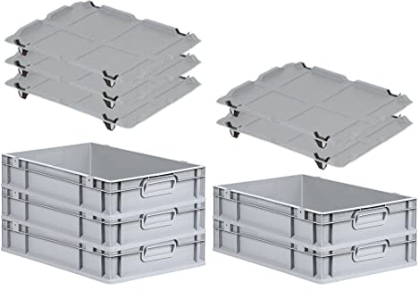 PROREGAL SparSet 5x Eurobox NextGen Grip mit Auflagedeckel & 4 schwarzen Schiebeschnappverschlüssen, HxBxT 12x40x60cm, 23 L, Grau, Griffe geschlossen, Eurobehälter, Transportbox