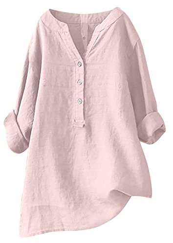 Susenstone Chemise Lin Femme,Chemisier Coton Et Lin pour Femmes Col en V Bouton Manches Longues Tops Couleur Unie LâChe Respirant T-Shirts Grande Taille Pas Cher Casual Coton Lin Tunique Blouse