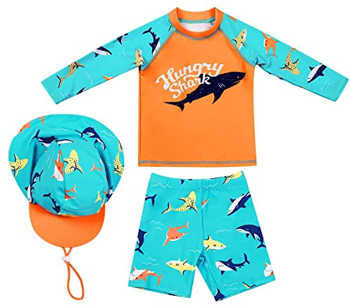 SEAUR Kinder Jungen Badehose Schwimmshirt Langarm UV Schutz Badeset mit Sonnenhut Rash Guard 3 Teilig Badeanzug - 140
