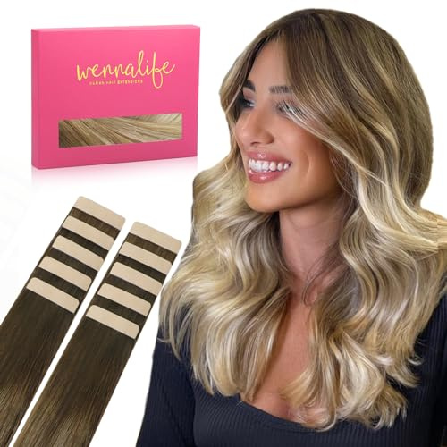 WENNALIFE Tape Extensions Echthaar, 45cm 25g 10 Stück Invisible Tape in Extensions Echthaar, Remy Echthaar Extensions Tape #3/8/613 Ombré Walnuss Braun bis Ash Braun und Bleach Blonde