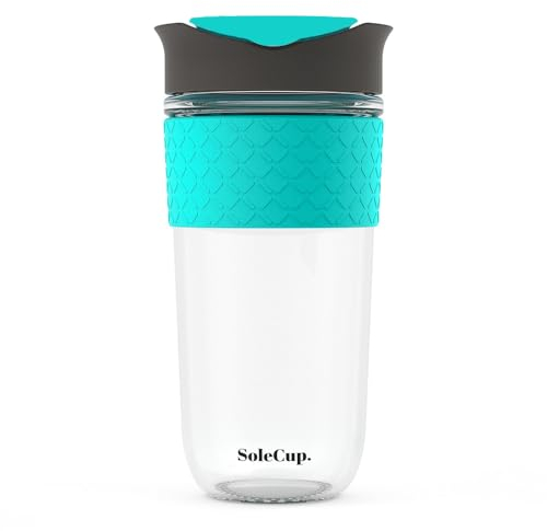 SoleCup. Large Travel Mug - Reusable Glass Coffee Mug - 18oz/530ml BPA-Free Hot Drink Travel Mug with Lid & Silicone Band (Grey and Blue)