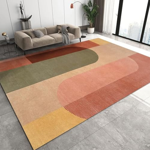 PAJEON Tapis de Salon Imprimé Géométrique Coloré Rétro Rose Orange, 160 x 230 cm Entretien Facile Intérieur Moquette, Écologique Paillasson Intérieur - pour Chambre d'enfant