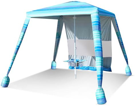Copa 6x6 Easy Up Beach Cabana - Beach Tent Sun Shelter with Privacy Wall, Beach Canopy Includes Umbrella Table Tray, Towel Hanger, and Sand Anchor Beach Shade (Beach Stripes)