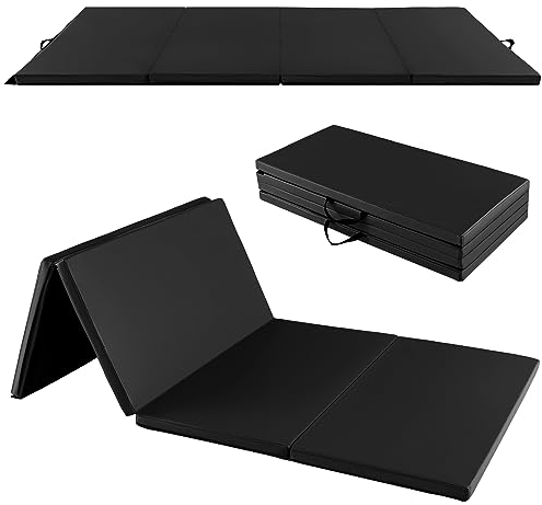 GYMAX Gymnastikmatte klappbar, rutschfeste & reißfeste Weichbodenmatte mit Kunstleder-Bezug & 2 Tragegurten, Fitnessmatte aus 4 Teilmatten für Yoga, Pilates & Workout, 240 x 120 x 5 cm