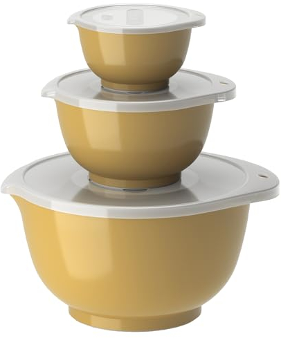 Rosti Margrethe Schüssel Set, Rührschüssel Set, 6-Teilig mit 3 Rührschüsseln und 3 Deckel, Teigschüssel aus Recycelbarem Kunststoff, 0,25 Liter, 0,75 Liter und 3 Liter, Curry