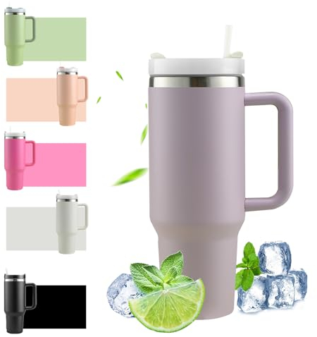 HLDGCX 40oz Thermobecher mit Strohhalm und Henkel, 1200ml Kaffeebecher To Go, Doppelwandiger Edelstahl Vakuum Isolierbecher mit Deckel, Tragbarer Autobecher für Heißer & Kalter Getränke - Lila